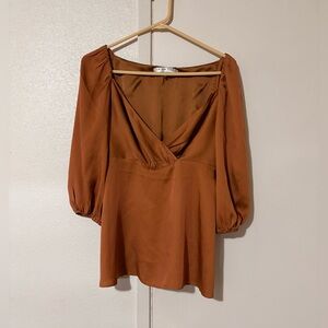 Trina Turk Leather Brown Medium V Neck Baby Doll Long Sleeve Silky Soft Blouse